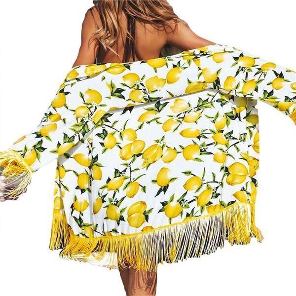 Women&#039;s Swimwear Women Yellow Lemon Printed Beach Cover Up Casual Blouse Bikini Ups Swimming Robe with Tassels