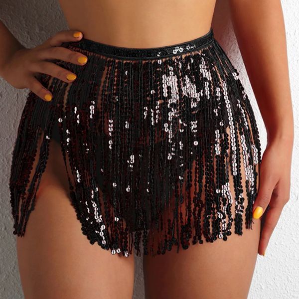 Women Short Sequin Swimskirt Fringe Cover Up Skirt Beach Wrap Bikini Shiny Wraps Cover Ups For Swimwear Solid Color Swim Wear 240112