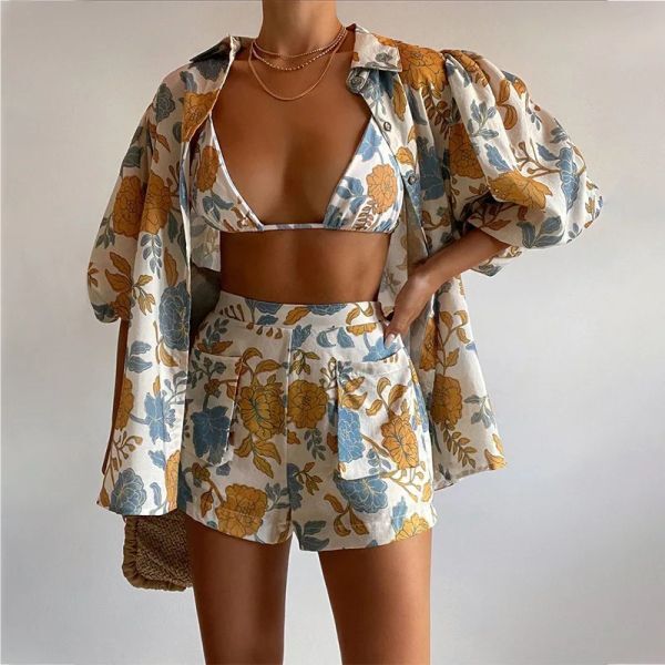 Sets Women&#039;s Swimsuit Three Pieces Swimwear Sexy Beachwear 2023 Bathing Suit Shorts Cover Up Summer Blouse 3PCS Suits Holiday Oufits