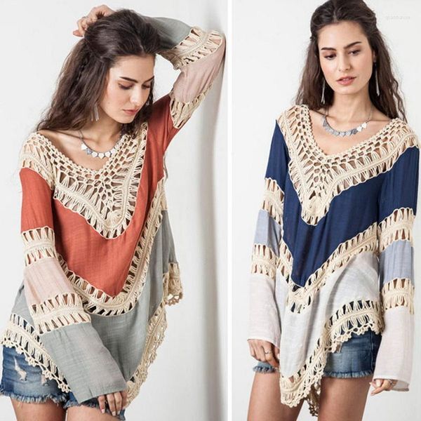 Women&#039;s Blouses H80&amp;S90 Women Handmade Crochet Beach Tank Top Blouse Pathwork Knitted Hollow Out Bikini Cover Up Patchwork Swimwear Suit