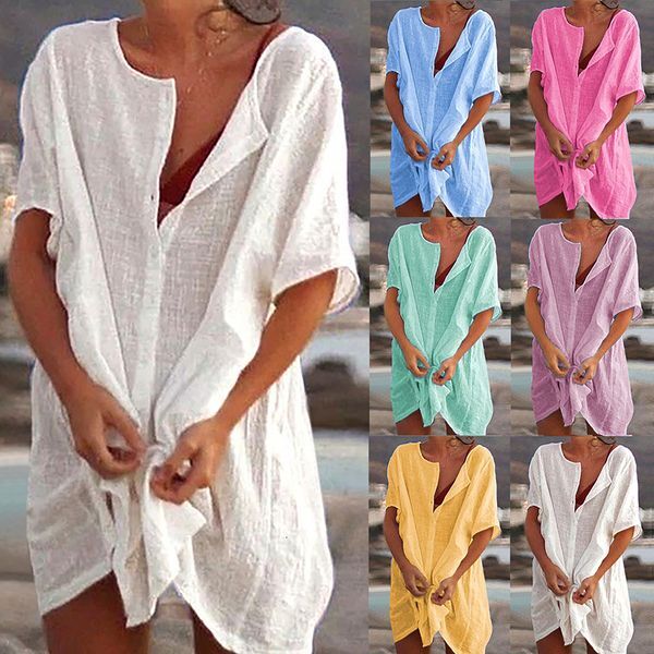 Women&#039;s Swimwear Sexy Beach Swimsuit Cover-Ups Women Cotton Cover Up Swimwear Casual Short Sleeve Long Blouse Solid Color Beach Dress 230323