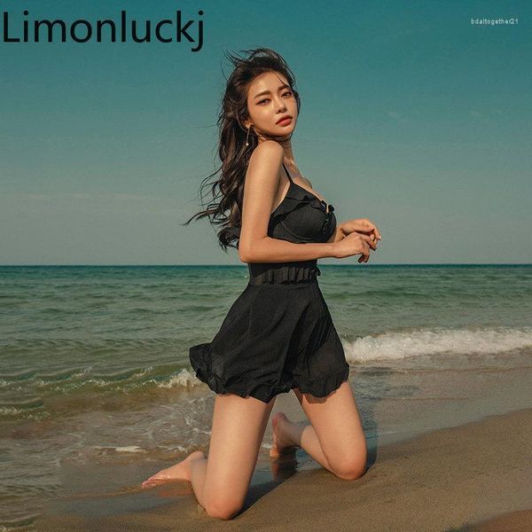 Women&#039;s Swimwear Limonluckj Swimming Bikinis Solid Sleeveless Sexy Bodysuit Women Korean Black Bathing Suit Spring Swimsuit Female Clothes