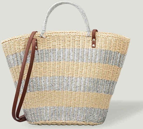 Shopping Bags New Vegetable Basket Handmade Straw Large-capacity Simple Striped Shoulder Niche Fashion Trend Tote Beach 220301