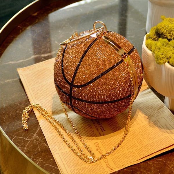 Designer- Basketball Round Ball Gold Clutch Purses Crossbody for Women Evening Rhinestone Handbags Ladies Party Shoulder Bag Pink 360K