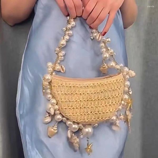 Evening Bags Lady For Women Luxury Designer Brand Handbag And Purses Pearl Conch Grass Woven Bag Beach Vacation Women&#039;s Tote