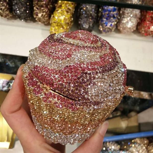 Evening Bags Multicolored Small Cupcake Shape Women Crystal Clutch Purse Bridal Prom Gift Handbag Wedding Rhinestone Party BagEven267L