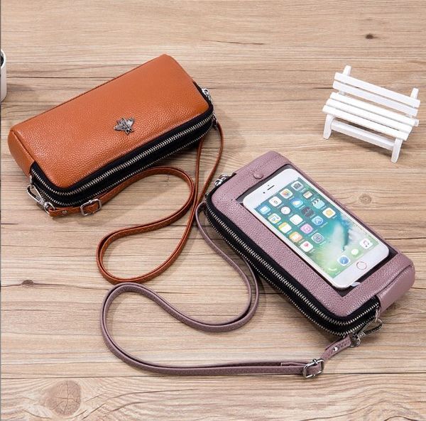 Genuine Leather Women Crossbody Bags Touch Screen Cell Phone Purse Fashion Shoulder Bag Mobile Mini Wallet Card Holder Handbag for Female