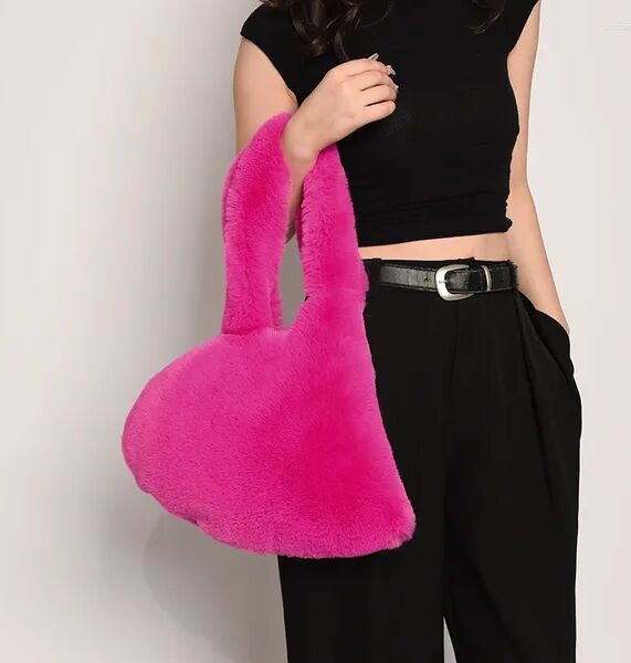 Evening Bags Rose Red Plush Bag For Women Love Heart Soft Fluffy Handbag Shoulder Luxury Faux Fur Winter Warm Shopper Tote Sac