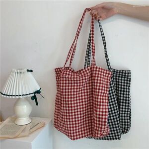 Shopping Bags Retro Cotton Canvas Women Shoulder Bag Simple Plaid Lace-up Bow Large Capacity Tote Female Casual Shopper Handbag