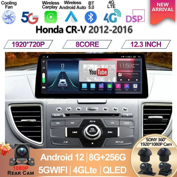 For Honda CRV CR-V 2012 2013 2014 2015 2016 12.3inch Car Multimedia Radio 1920*720DVD QLED Android12 Screen CarPlay video player