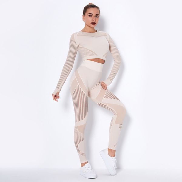 Seamless mesh hole quick drying exercise yo--ga long sleeved striped fitness pants fitness set exercise running fitness