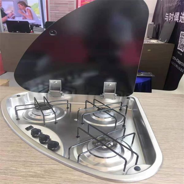 3 Burner Gas Stove Hob Glass Lid 3*1.35KW 480*480*61mm Boat Caravan RV GR-911L