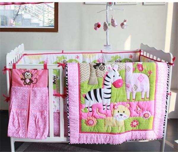 Baby Crib Bedding Set Girls zebra monkey pattern pink cute quilt, crib sheet,crib skirt,bumpers,nappy stacker 2020 new LJ201105