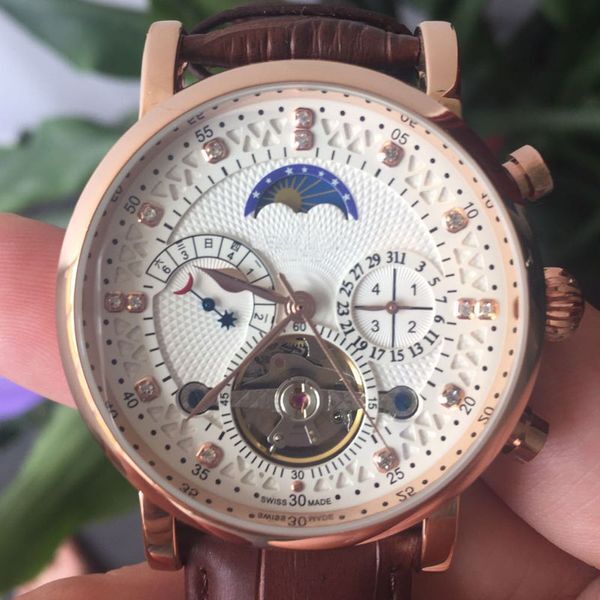 Top brand mens watch Fashion mechanical automatic watches luxury Genuine Leather strap Diamond daydate Moon Phase movement wristwatches for men Father&#039;s Day Gift