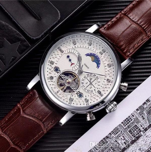 Top brand mens watches fashion mechanical automatic watch luxury Genuine Leather strap Diamond day-date Moon Phase movement wristwatches for men Father&#039;s Day Gift