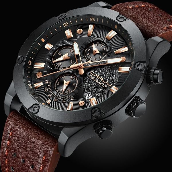 CRRJU Fashion Watch Men New Design Chronograph Big Face Quartz Wristwatches Men&#039;s Outdoor Sports Leather Watches orologio uom2426