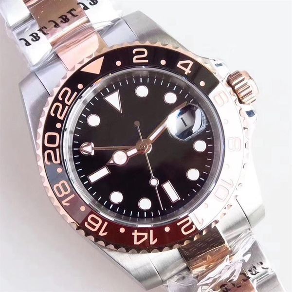 St9 Steel Mens Watches Two Tone Everose Root Beer Brown GMT Function Automatic Black Ceramic Bezel 40MM Sapphire Crystal Wristwatc283l