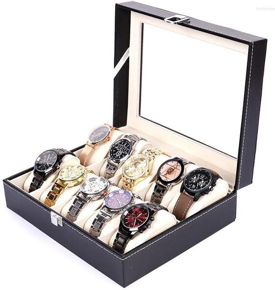 Watch Boxes 10 Slots Luxury Fashion Men Home Black Color Pu Leather Box Top Quality Storage For Watches 0907-43