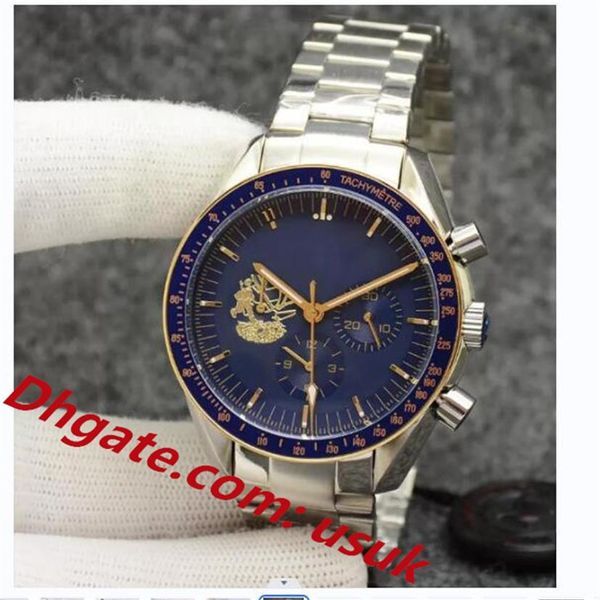 Mens Watches Eyes on the stars Watch Chronograph sports Battery Power limited Two Tone Gold Blue Dial Quartz Professional Dive Wri238p