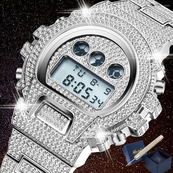 Wristwatches Iced Out Diamond Watch For Men Luxury LED Digital Mens Watches Waterproof Sports Wristwatch Man Fashion Silver Steel Male Clock