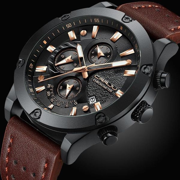 CRRJU Fashion Watch Men New Design Chronograph Big Face Quartz Wristwatches Men&#039;s Outdoor Sports Leather Watches orologio uom309v