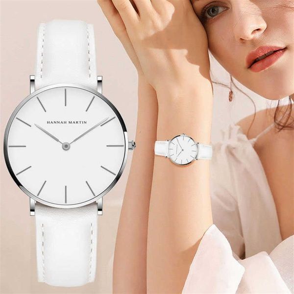 Hannah Martin Casual Ladies Watch With Leather Strap Waterproof Women Watches Silver Quartz Wrist Watch White Relogio Feminino 2102086