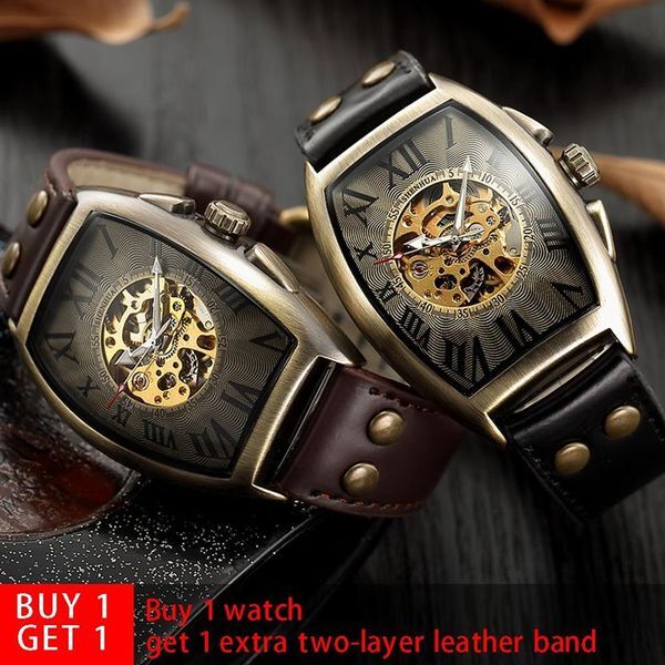 Shenhua 2019 Vintage Automatic Watch Men Mechanical Wrist Watches Mens Fashion Skeleton Retro Bronze Watch Clock Montre Homme J190276G
