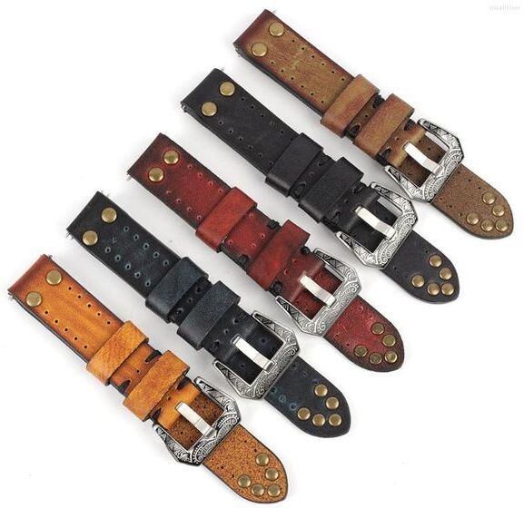 Watch Bands Handmade Vintage Genuine Leather Band18mm 20mm 22mm 24mm Rivet Watchbands Carving Buckle Strap For Watches Accessorie