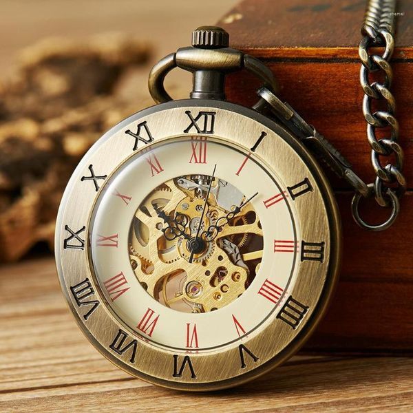 Pocket Watches Vintage Mechanical Watch Hand Wind Fob Roman Numerals Laser Engrave Dial Luxury Skeleton With Chain For Men Women