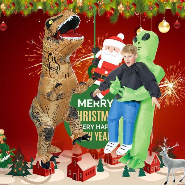 Hot Selling T-Rex Inflatable Alien Costume Adult Kids Halloween Christmas Party Costumes Dinosaur Clothing Funny Blow Up Dresses Q0910