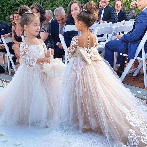 Dresses Lace Flower Girl Dress Bows Childrens First Communion Dress Princess Tulle Ball Gown Wedding Party Gowns FS9780