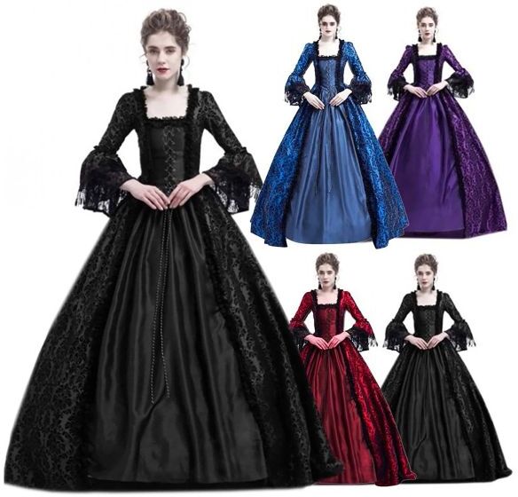 Dress Halloween Women Victorian Medieval Queen Cosplay Costume Vintage Retro Gothic Lace Stitiching Lace Up Party Long Maxi Dresses#g3