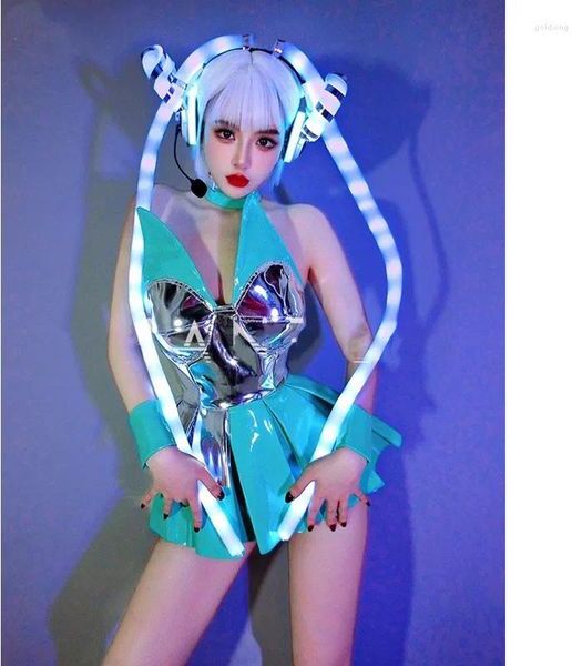 Stage Wear Sexy Gogo Dance Costume Women Technology Cosplay Performance Clothes Nightclub Blue Patent Leather Dress LED Glow Headgear Set