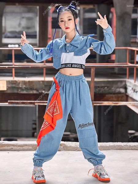 Stage Wear Girls Hip Hop Clothes Denim Tops Pants Jazz Dance Costume Kids Street Suit Hiphop Performance Outfit Rave