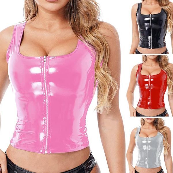 Women&#039;s Tanks Women PVC Latex Leather Sexy Tank Crop Top Sleeveless Zipper Tops Festival Rave Clothes Nightclub Pole Dance Performance