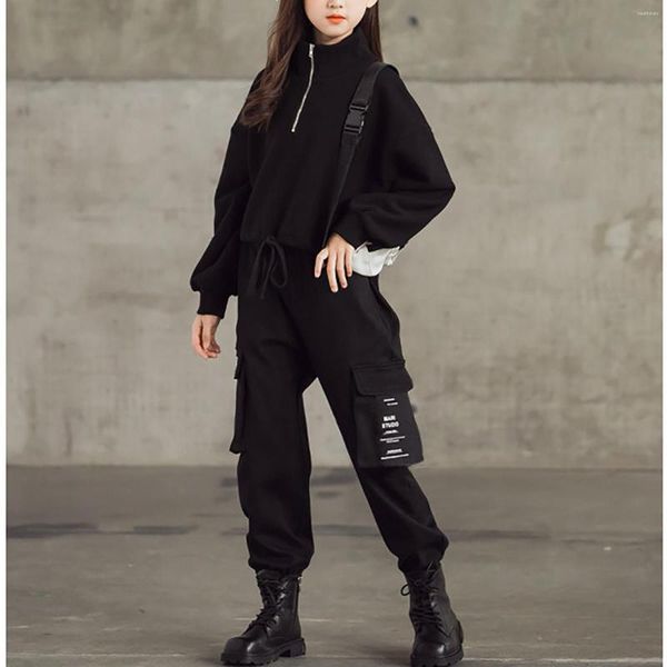 Stage Wear Hip Hop Clothing Girls Jazz Street Dance Costume Long Sleeve Black Tops Cargo Pants Kids Performance Rave Clothes