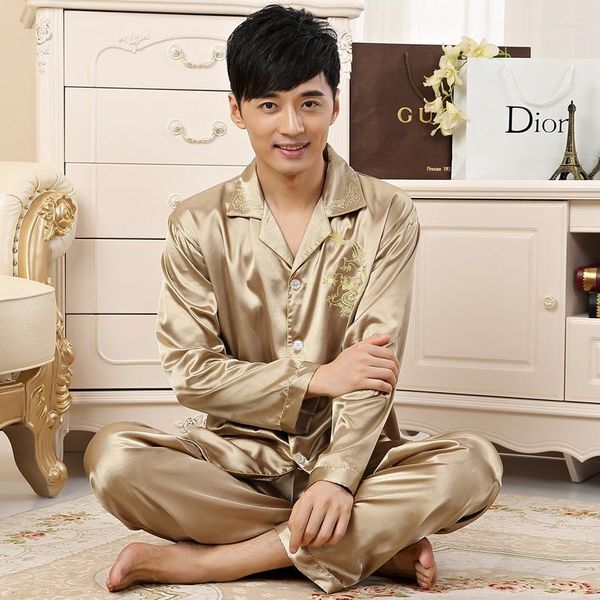 Men&#039;s Sleepwear Spring Summer 2-Piece Set Pajamas For Couples Loose Stain Ice Silk PJs Home Men&#39;s Clothing Long Sleeve Costumes