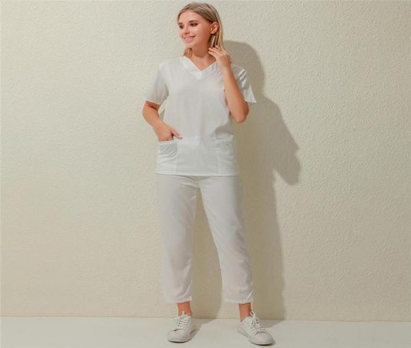 Women039s TShirt Women Workwear Short Sleeve Vneck Topspants Nursing Working Uniform Beauty Salon Suit Scrub Overalls Clothe5198677