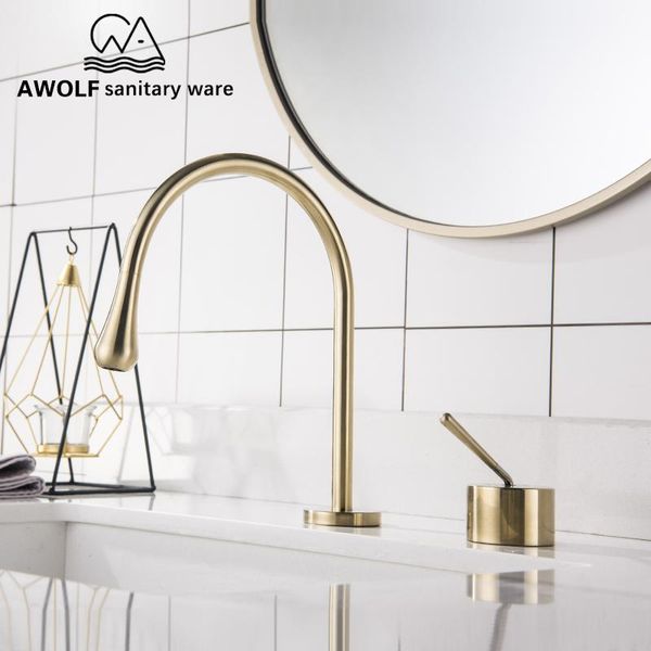 Bathroom Sink Faucets Brushed Gold Basin Faucet Solid Brass Matte Black Split Switch Kitchen Deck Mounted Cold Mixer Tap ML8075