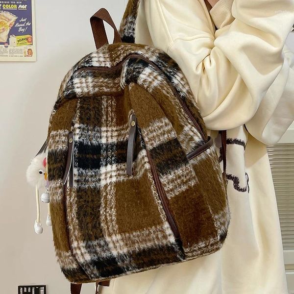 Backpack Vintage Plaid Woollen Cloth Women&#039;s Student Book Backpacks For Teenage Girls School Bags Large CapacityTravel Rucksack