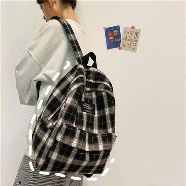 Students Backpack Women Plaid Pattern School Bag Canvas Softback Campus Style Rucksack Travel Bagpack Female Backpacks Ladies 21093006