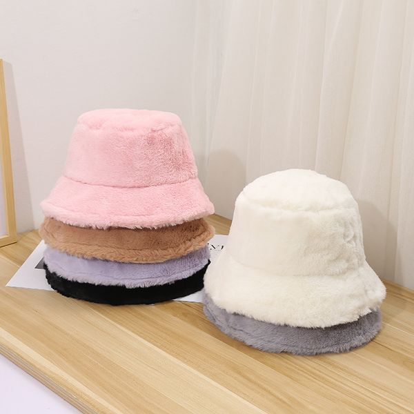 Hats For Women Autumn Winter Bucket Hat Cotton Imitation Rabbit Fur Foldable Ear Warmer Flat Top Cap Female Windproof 2021