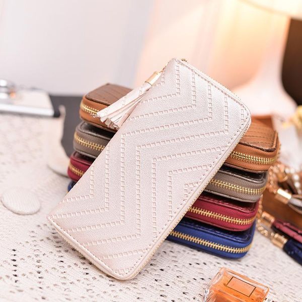 Wallets Summer Women Wallet With Small Tassel Purse 2022 Fashion Solid Color Indentation Clutches Long Lady&#039;s Handbag Mobile Phone Bags