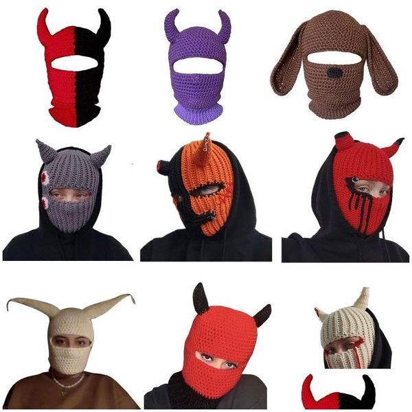 Beanie/Skull Caps Beanieskl Halloween Funny Horns Creative Knitted Hat Beanies Warm Fl Face Er Ski Mask Windproof Clava For Outdoor Sp Dhbes