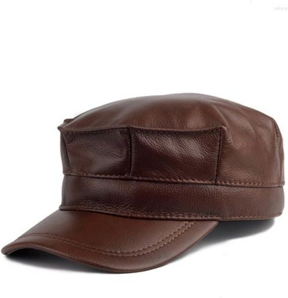 Ball Caps Leather Hat Men Winter Casual Outdoor Cowhide Flat Top Octagonal Cap Male Korean Fashion Earflap Warm Sboy Berets Dad Chapeau