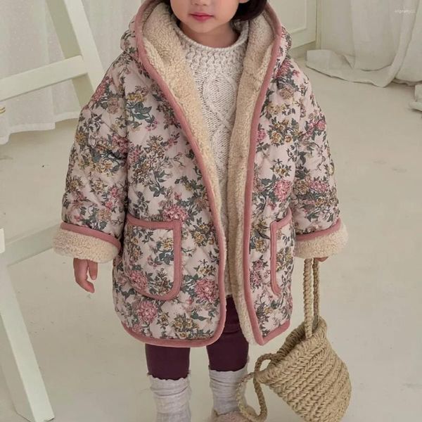 Down Coat Outerwear Korean Childrens Clothing Winter Girls Flower Cotton Clothes Cap 2023 Warm Printing Lamb Cashmere