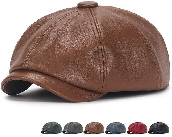 Retro Octagonal Genuine Leather Hat Winter Men&#039;s Cowhide Leather Beret Elegant Fashion Student Tongue Cap Snapback Caps For Men