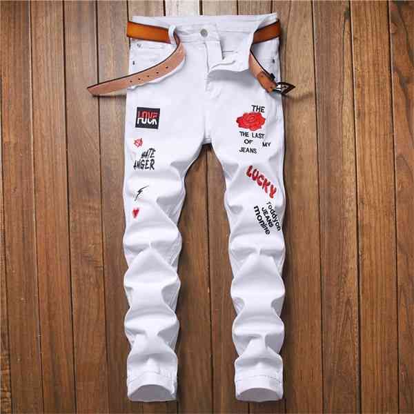 Street Fashion Rose Embroidery White Jeans Men Stretch Slim Fit Letter Funny Jeans Denim Pants Party Casual Trip Plus Size X0621