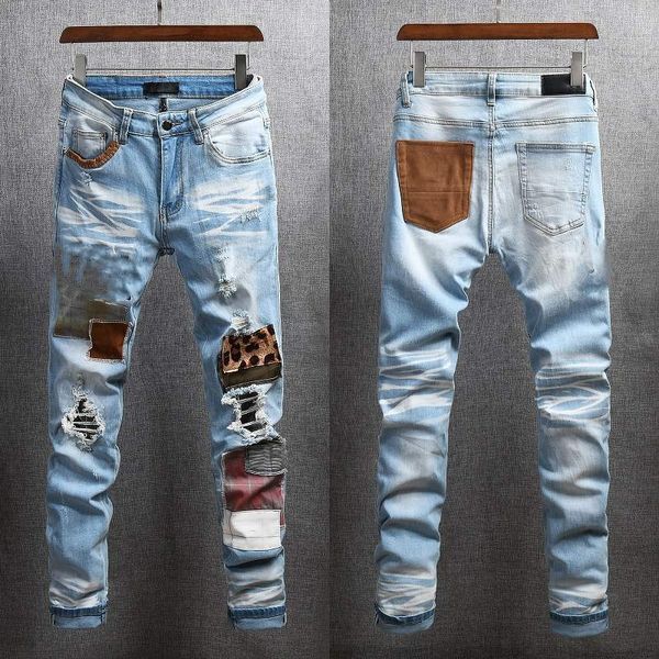 High Quality Mens Designer Ripped Motorcycle Jeans Clothing Zipper Pants Light Blue Luxury Men Slim Denim Straight Biker Hole Hip Hop Fashion Rock Revival Jean