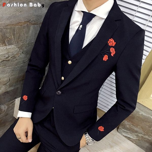 Wholesale- Men&#039;s Embroidery Floral Dress Casual Blazer Slim Fit 2016 Fashion Rosy Party Wedding Tuxedo Suit Jacket Autumn Winter